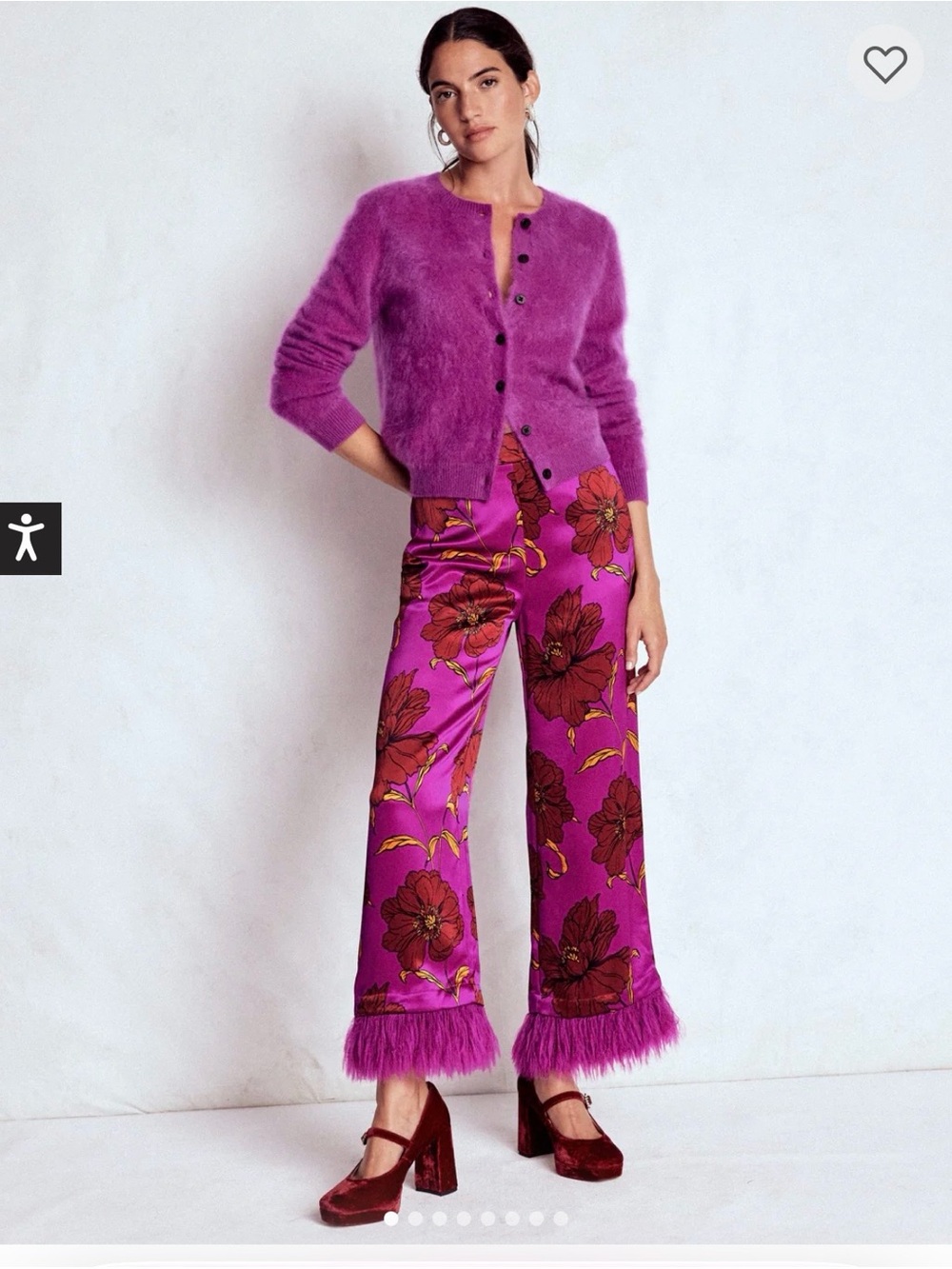 Boden Magenta Floral Wide-Leg Pants with Feather Trim